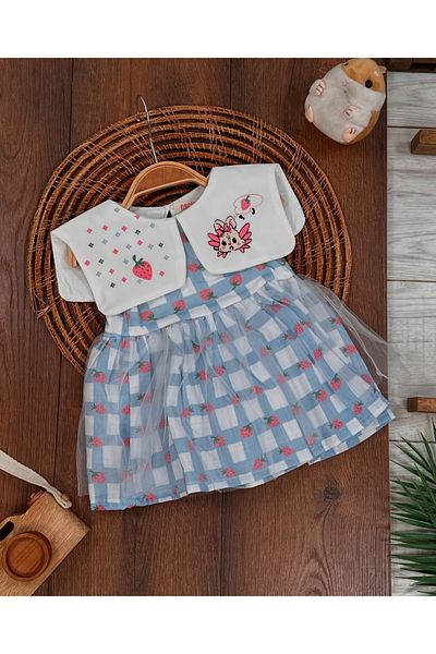 bebicix Plaid Strawberry Printed Collar Embroidered Baby Girl Tutu Dress