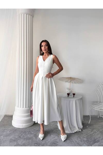 conconmoda Dore Piliseli Düğmeli Midi Elbise