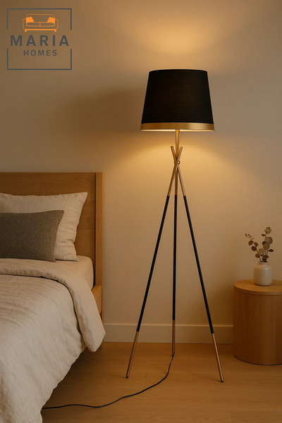 MARIA HOMES Luxury Black and Gold Tripod Floor Lamp