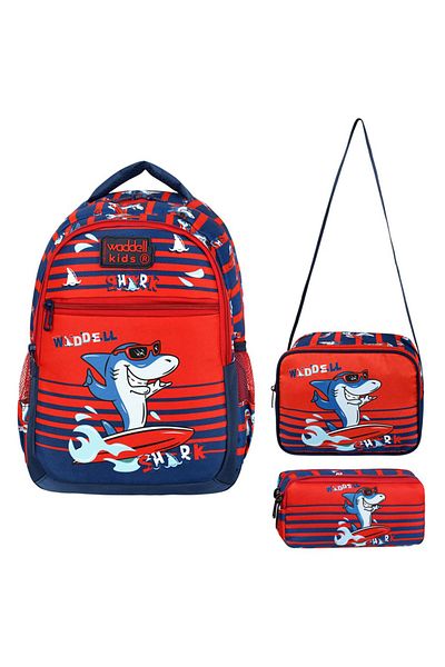 KAFF Red Shark Patterned Bag Nutrition Pen Holder Boy Set of 3 Primary School Bag