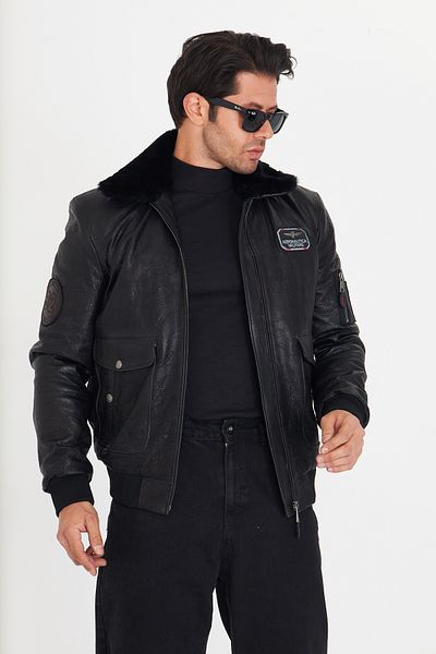 By Marki Marki Men's Maverik Genuine Leather Coat – Natural Fur Collar, Zippered, 7 Pockets, Winter, 70 cm