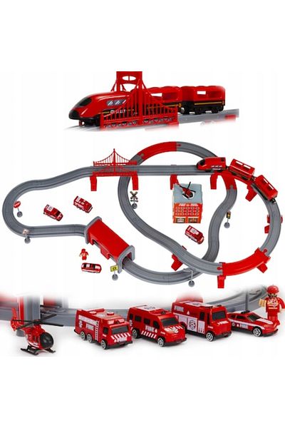 ideal STORE Electric Firefighter Train Red Fire idealStore, 92 Elements, 4 Rescue Cars, Helicopter, Road Signs,