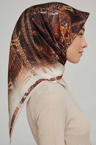 Armine Σειρά Nostalgia Silk Sura Scarf 8615DS-03 Γεωμετρικό σχέδιο ΚΡΕΜ-ΚΑΦΕ