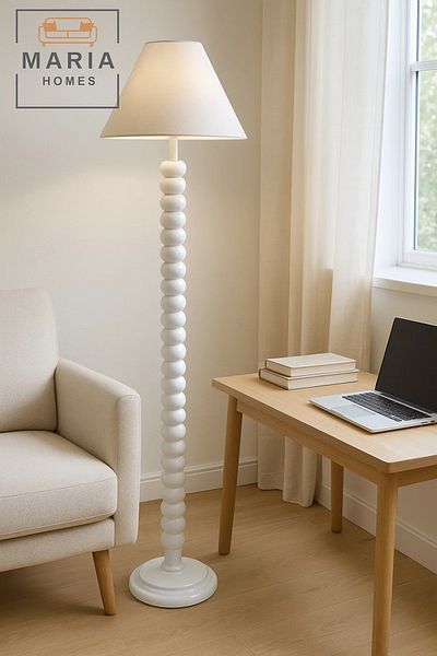 MARIA HOMES Glossy White Floor Lamp with Beaded Stand and Cone Shade