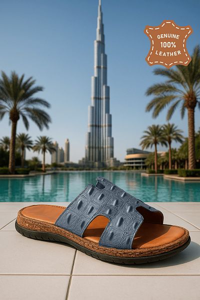 Cristante Zappella 100% Genuine Leather Blue Patterned Leather Men's Slippers, Daily Slippers