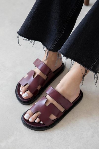 STRASWANS Palmeira Women's Velcro Leather Slippers Claret Red