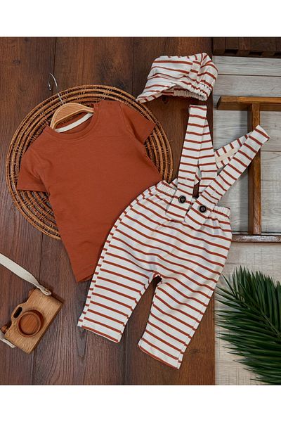 bebicix Body Summer Salopet Baby Boy Set with Striped Hat and Shoulder Clips