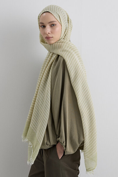Fenza Sara Khaki Wide Striped Linen Textured Cotton Shawl