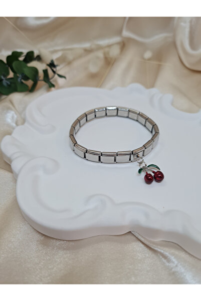 ZEYM سوار نسائي من الفولاذ باللون الفضي مزين بسحر الكرز