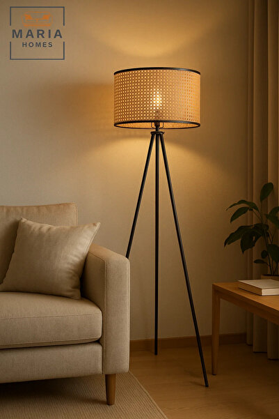 MARIA HOMES مصباح أرضي ثلاثي القوائم مع غطاء أسطواني من الخيزران