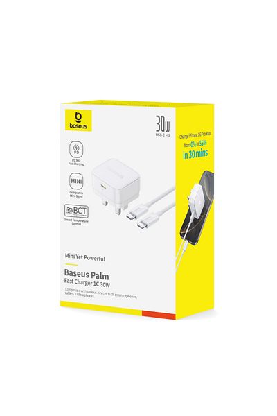 Baseus شاحن حائط سريع الشحن من Palm 30 واط PD Type-C - المملكة المتحدة، كابل بيانات فائق السرعة من C إلى C بطول 1 متر - أبيض