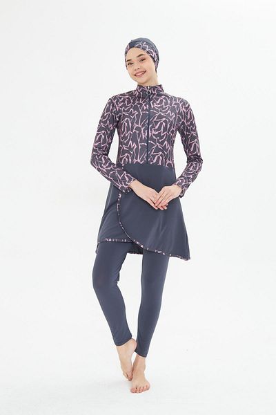 Fantasy Full Covered Lycra Patterned Skirted Hijab Swimsuit Anthracite 3482-A