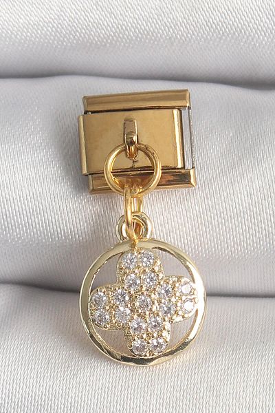 Celira Steel Gold Color Dangle Zircon Stone Clover Model Nomination Charm