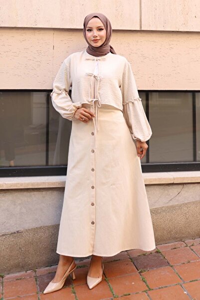 benguen Λινό Φούστα με Κουμπί Μπροστά Πέτρα Χρώμα 8046