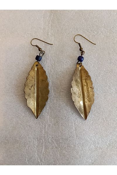 Butik Tülin Authentic Handmade Brass Black Beads Leaf Dangle Earrings 7.8X2.3 cm Made in Kenya