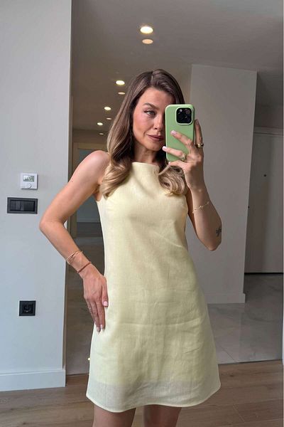 Sue Store Rochie din in premium, cu guler pătrat, galben unt