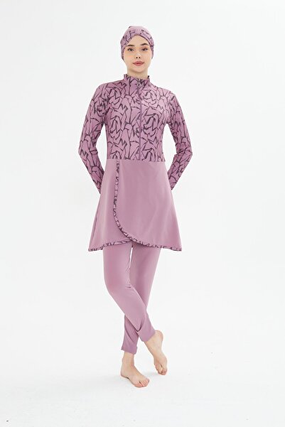 Fantasy Full Covered Lycra Patterned Skirted Hijab Swimsuit Green 3482-Y