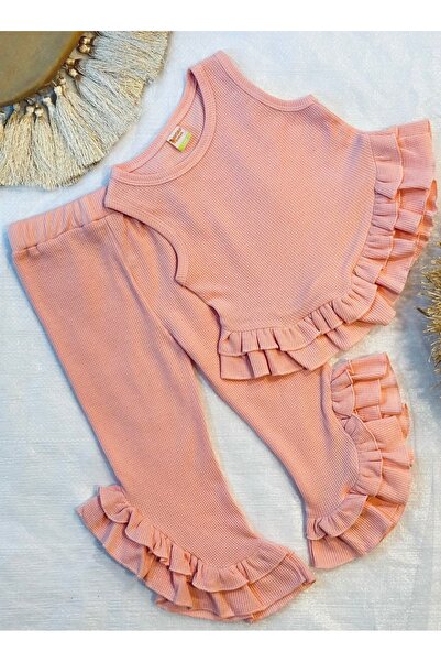 Portakal Bebek Thin Waffle Fabric Ruffle Girls' Bottom Top Set
