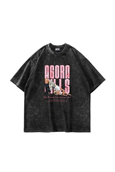 Bak Moda Tricou negru lavabil unisex oversize cu imprimeu Agora Hills
