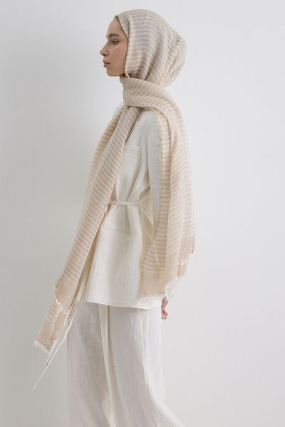 Fenza Sara Beige Wide Striped Linen Textured Cotton Shawl