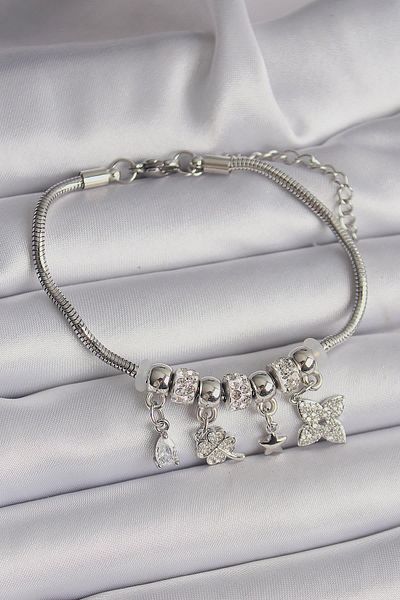 Celira Brass Silver Color Chain Dangle Zircon Stone Clover Figure Charm Bracelet