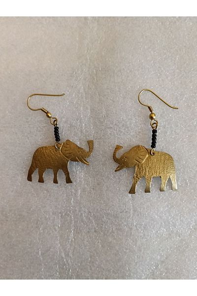 Butik Tülin Authentic Handmade Brass Tiny Black Beads Elephant Dangle Earrings 4.8X3.5Cm Made in Kenya