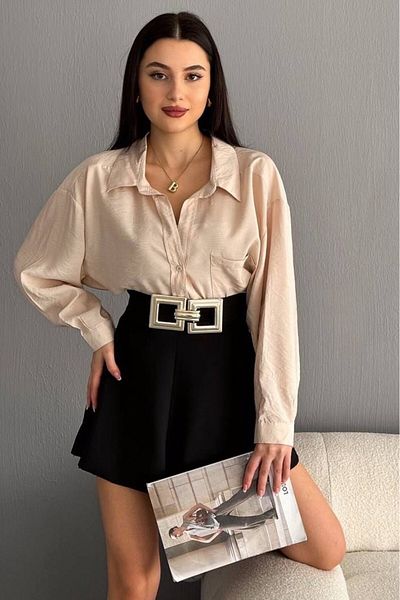 Hisleria Cămașă bej oversize din țesătură de viscoză pentru femei de vară