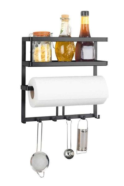 Saban Wall Mounted Roll Holder Rack with 6 Hanging Hooks, Black 30 X 10 X 9