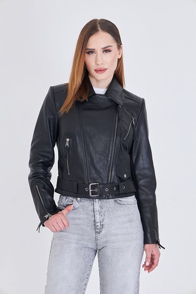 By Marki Marki Women's Genuine Jumbo Leather Jacket – Double Breasted Collar, Zippered and Belted, 56 cm - 117722