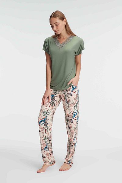 Organza Butik Short Sleeve V-Neck Women's Viscose Floral Patterned Summer Knitted Lace Detailed Pajamas Set