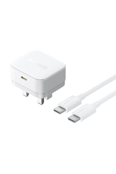 Baseus شاحن حائط سريع الشحن من Palm 30 واط PD Type-C - المملكة المتحدة، كابل بيانات فائق السرعة من C إلى C بطول 1 متر - أبيض
