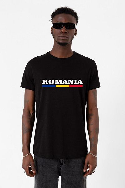 Tshirthane Ανδρικό μπλουζάκι με σημαία Ρουμανίας Lettern Black