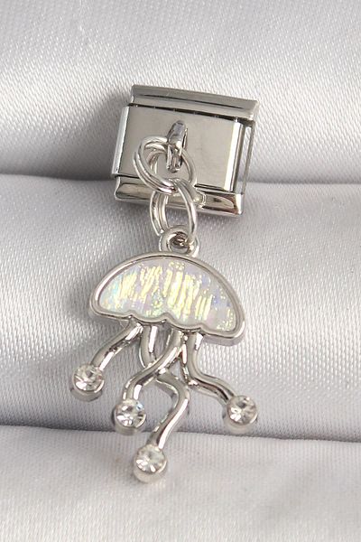 Celira Steel Silver Color White Enamel Jellyfish Model Zircon Stone Detailed Nomination Charm
