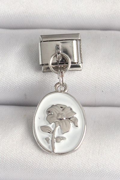 Celira Steel Silver Color Flower Embroidered White Portrait Model Nomination Charm