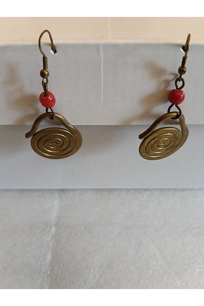 Butik Tülin Authentic Handmade Brass Red Beads Spiral Forged Dangle Earrings 5.8X2.3Cm Made in Kenya