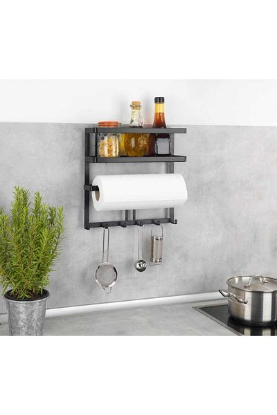 Saban Wall Mounted Roll Holder Rack with 6 Hanging Hooks, Black 30 X 10 X 9