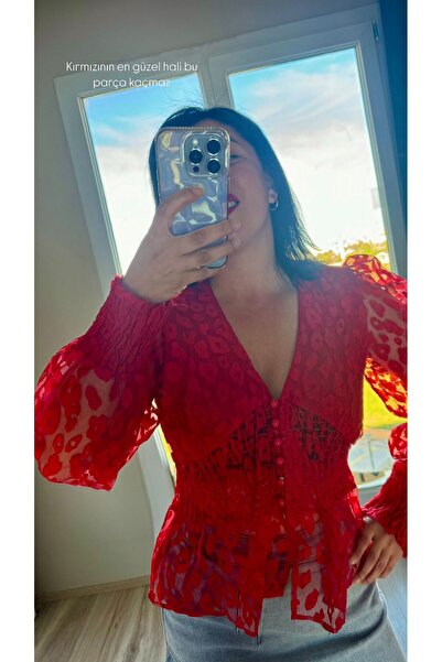 NİSSHABUTİK Kırmızı transparan gomlek