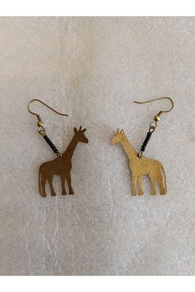 Butik Tülin Authentic Handmade Brass Tiny Black Beads Giraffe Dangle Earrings 5.5X2.5Cm Made in Kenya
