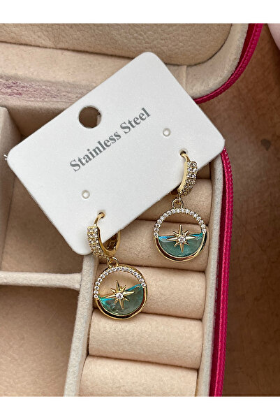 JELLY KADIN ÇELİK 14K GOLD RENK TURKUAZ KRİSTAL TAŞLI KUTUP YILDIZI MODEL OKYANUS KÜPE