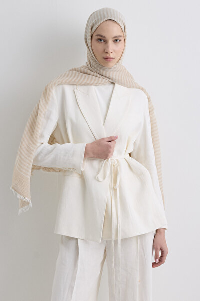 Fenza Σάρα Μπεζ Φαρδύ ριγέ λινό βαμβακερό σάλι