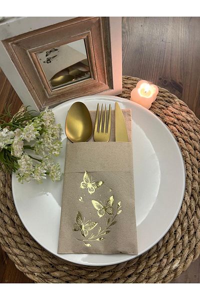 kidspartim Gold Gilded Kraft Butterfly Leaf Detailed Pocketed Kangaroo Napkin 12 Pieces