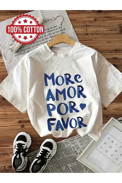 AEMİ Unisex More Amor Por Favor Μπλουζάκι με στάμπα Oversize Crew Neck
