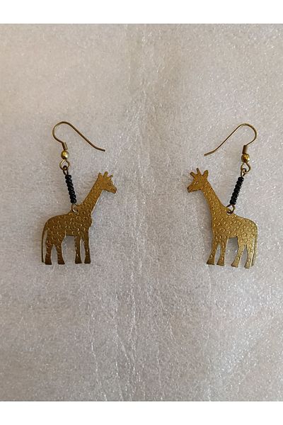 Butik Tülin Authentic Handmade Brass Tiny Black Beads Giraffe Dangle Earrings 5.5X2.5Cm Made in Kenya
