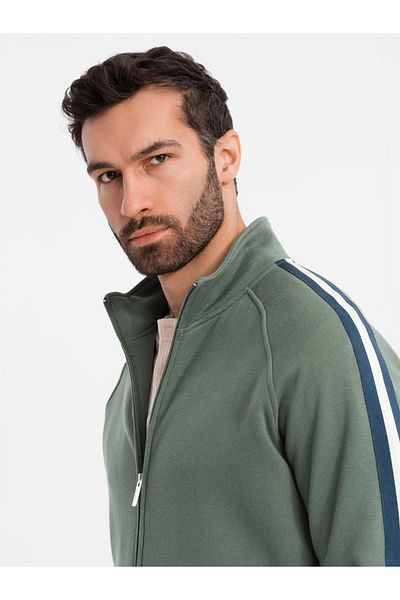 OMBRE Herren Sweatshirt mit hohem Kragen und Streifen - oliv V2 OM-SSZP-0219 L