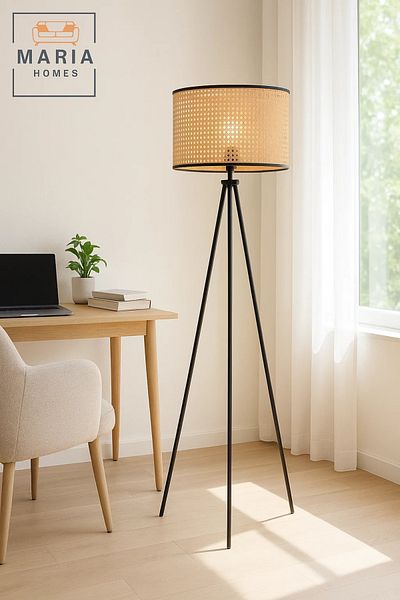 MARIA HOMES Tripod Floor Lamp with Rattan Drum Shade