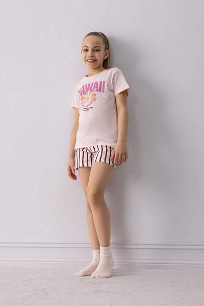 DeFacto New Season Girls' Pajama Set Printed Short Sleeve T-Shirt Striped Shorts