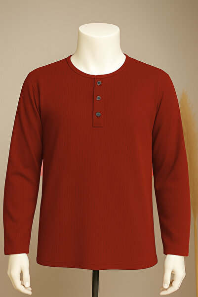 nacar çarşı Kadın Kiremit Fitilli Yazlık Mevsimlik Uzun Kollu Düğme Detaylı Penye Bluz