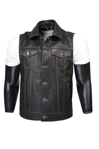 DeriWork Men's Black Biker Genuine Leather Vest Sparrow