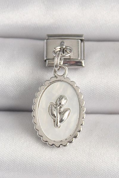 Celira Steel Silver Color White Enamel Flower Embroidered Nomination Charm