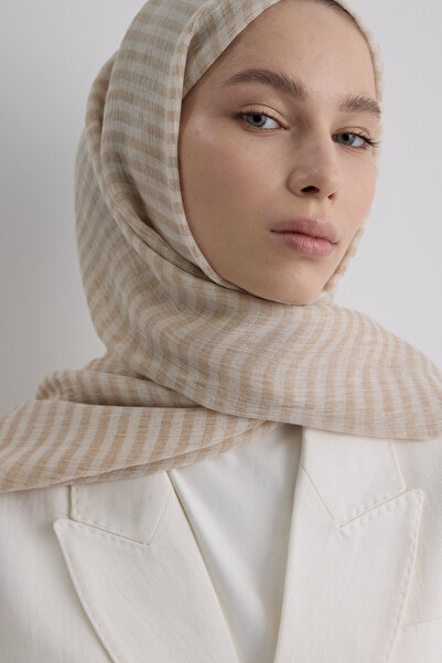 Fenza Σάρα Μπεζ Φαρδύ ριγέ λινό βαμβακερό σάλι